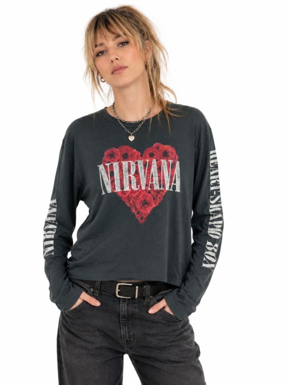 Daydreamer Nirvana Flower Heart Long Sleeve Crewneck T-Shirt Top Relaxed Size S